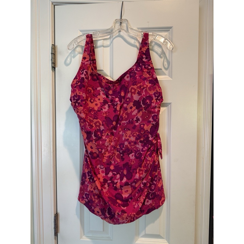 LL Bean Skirted One Piece Pink Floral Slim Swimwear Side Tie UPF 40+ Sz 18W